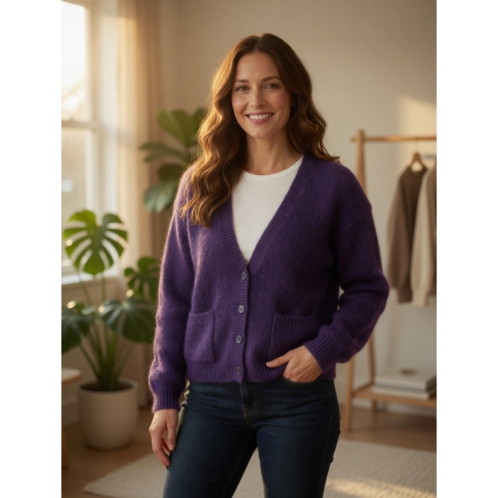 Vintage Penbrooke Lane Purple Mohair Blend V-Neck Button Front Cardigan Sweater